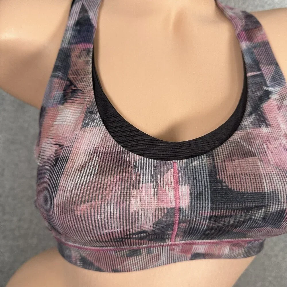 Lululemon Size 6 Sports Bra Womens Pink Gray Abstract‎ Crossback Scoop Neck
